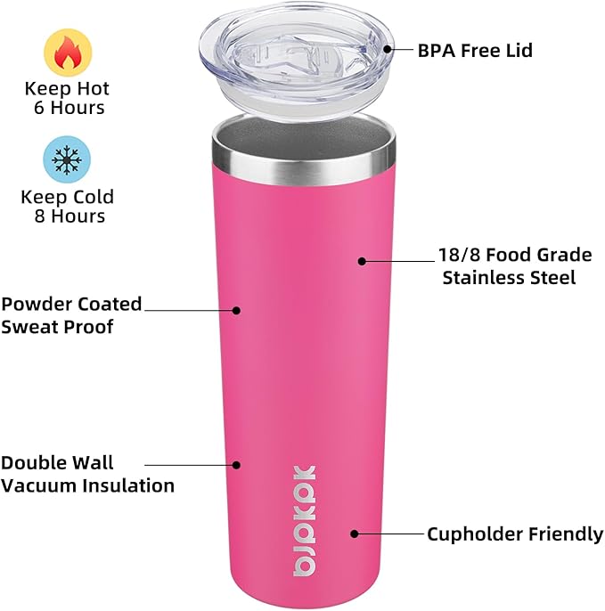 BJPKPK 2 Pack 20oz Skinny Tumblers with Lid Insulated Travel Coffee Cup Stainless Steel Thermal Mug,Turquoise,Pink