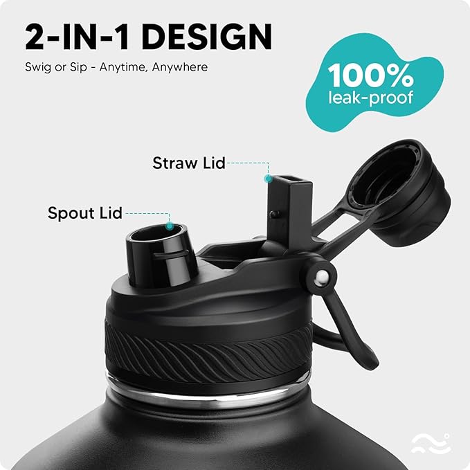 [2-IN-1 LID] Gallon Insulated Water Bottle with Silicone Boot (48hrs Cold/24hrs Hot) - DIY Stickers, Leakproof, BPA Free, 128 oz
