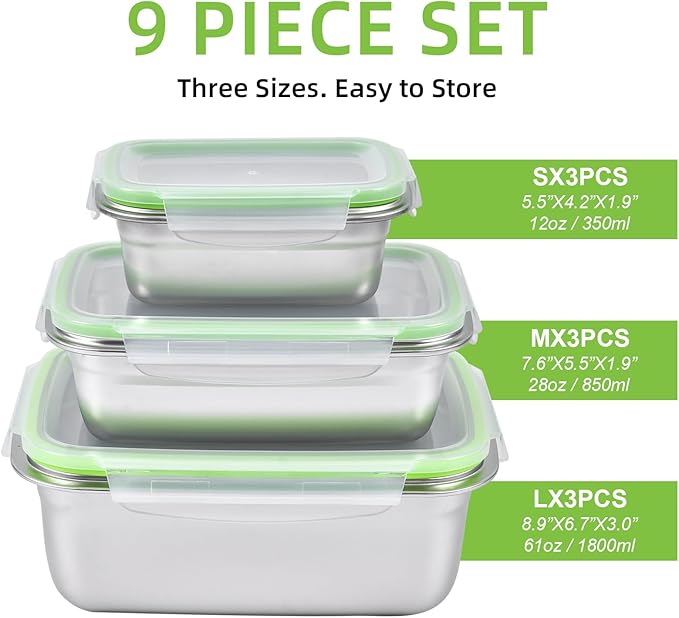 UPTRUST Stainless Steel Food Storage Containers | Leak Proof & Airtight Lids | Set of 9 Containers, Dishwasher & Freezer Safe