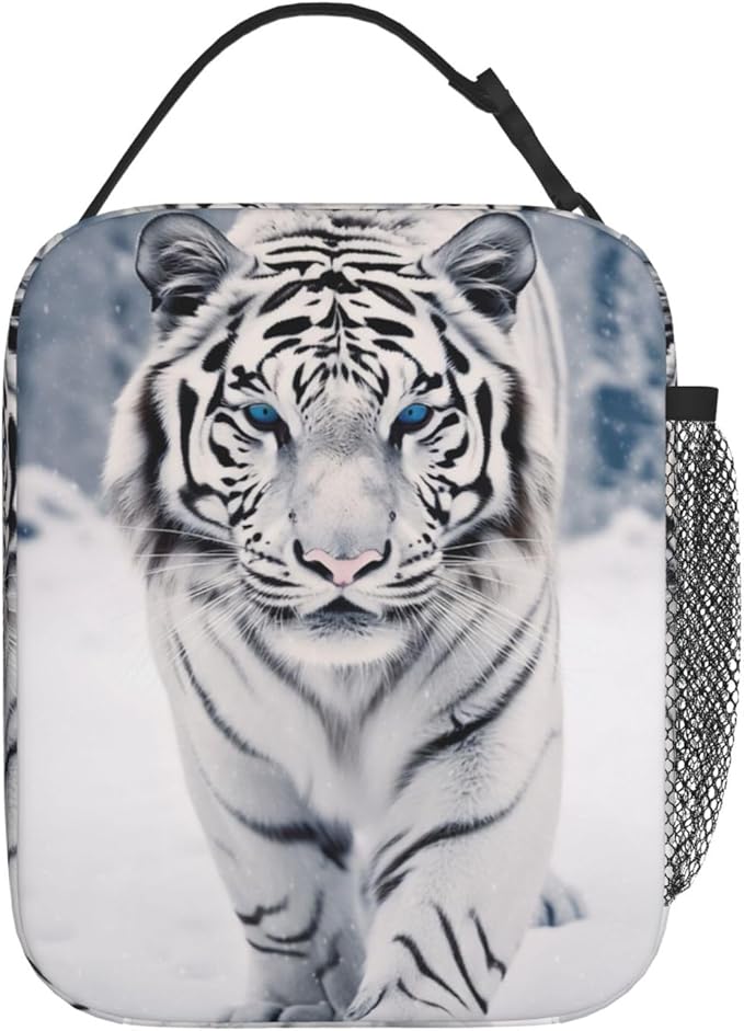 Reusable White Tiger Lunch Box for Kids, Insulated Snowy Forest Striking Blue-Eyed Tigers Bag,Polyester Cooler Animal Lovers Handbags Case for School Picnic Work Travel Beach or Hiking, Gifts