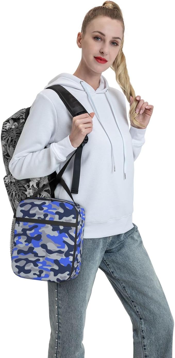 Blue Camo Insulated Lunch Bags For Men Women Boys Girls,Cooler Tote Reusable Lunch Box For Work Office Travel,Easy-To-Clean Bento Box Bento Bag,Reusable Lunch Bags For School/Work/Picnic