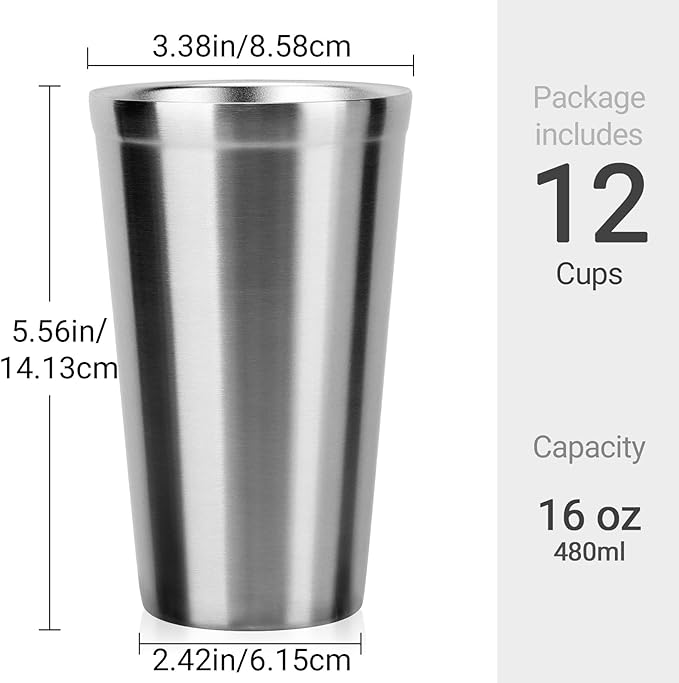Beasea Stainless Steel Cups 16 oz, 12 Pack Large Stainless Steel Tumbler Bulk Stackable Double Wall Insulated Metal Pint Glasses Tin Cups for Drinking Home Restaurant Office Party Camping