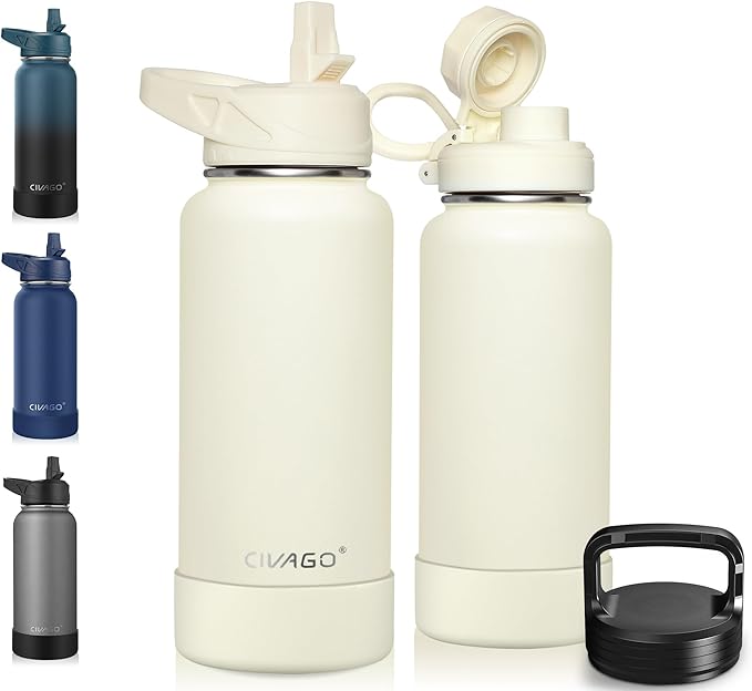 CIVAGO 32 oz Insulated Water Bottle With Straw, Stainless Steel Sports Water Flask Cup with 3 Lids (Straw, Portable Spout and Handle Lid), Double Walled Travel Thermal Canteen Mug, Cream