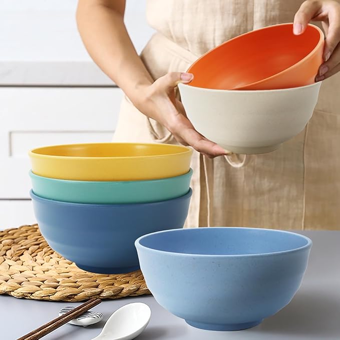 Wheat Straw Bowls 60 OZ, Unbreakable Large Salad Bowls Set of 6, Microwave and Dishwasher Safe Big Popcorn Bowls, Plastic Serving Bowls for Eating, Soup, Cereal and Salad (Multi Colors)