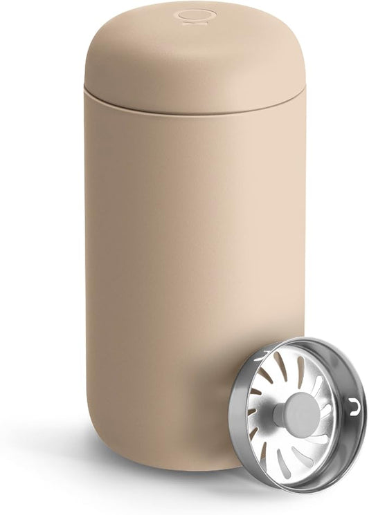 Fellow 12 oz Carter Move Travel Mug - Vacuum-Insulated Stainless Steel Travel Coffee Mug - Coffee Tumbler with Ceramic Interior and Splash Guard - Sand Dune