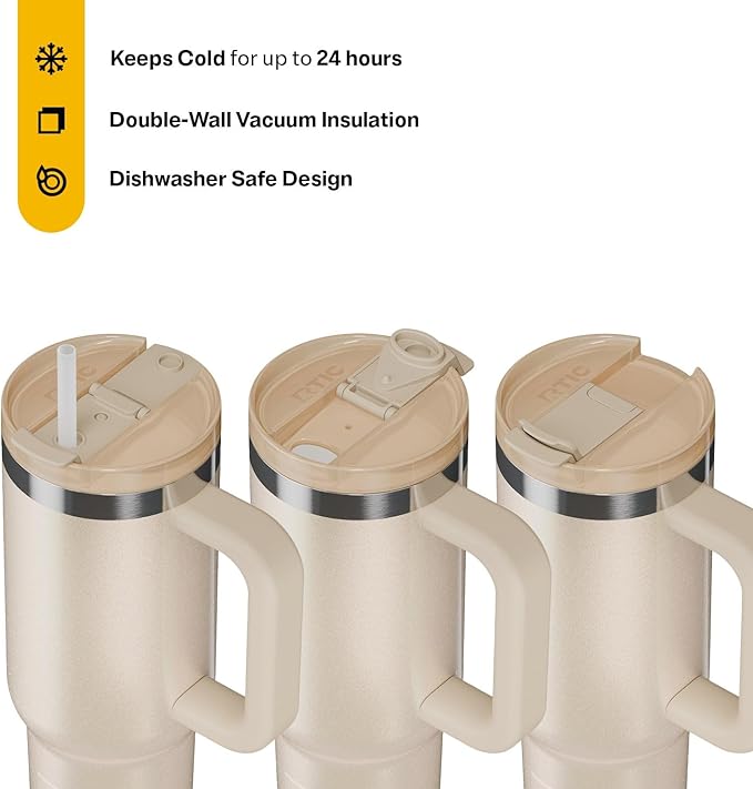 RTIC 30 oz Road Trip Tumbler Double-Walled Ceramic Lined InsulatedStainless Steel Portable Travel Coffee Mug Cup with Lid, Handle and Straw, Beach Glitter