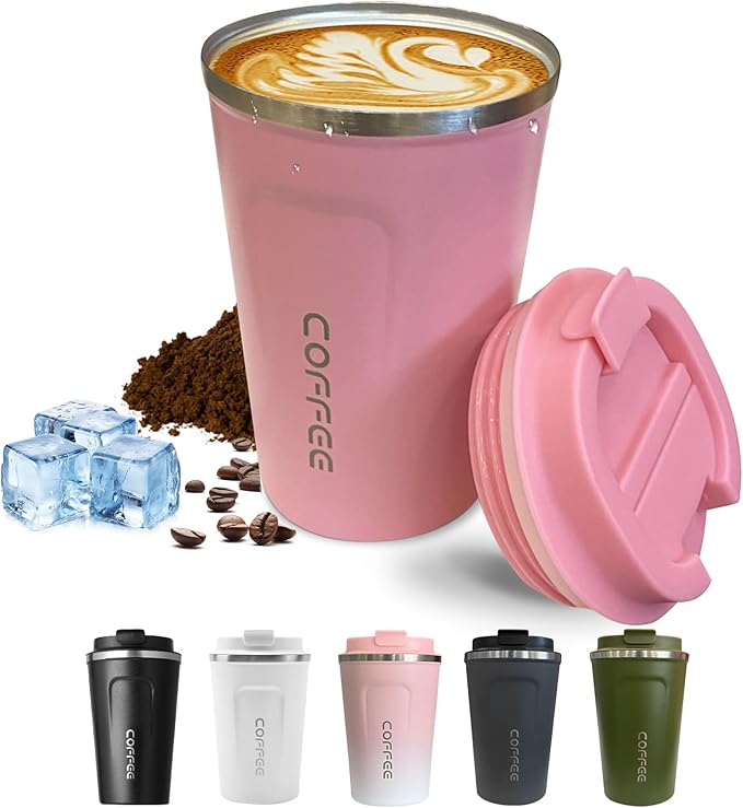 Travel coffee mugs leak-proof, reusable coffee cups with lids, stainless steel vacuum thermos coffee tumblers,thermal insulation cups for men and women hot & cold drinks(2nd-Pink, 17OZ)