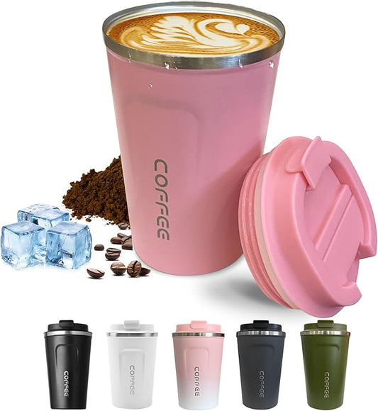Travel coffee mugs leak-proof, reusable coffee cups with lids, stainless steel vacuum thermos coffee tumblers,thermal insulation cups for men and women hot & cold drinks(2nd-Pink, 17OZ)