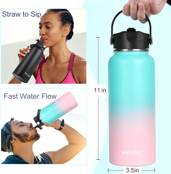 Water Bottle Insulated 32oz 40oz 64oz 128oz Straw Lid Spout Lid & 3 Lids, Leak Proof, Vacuum Insulated,Stainless Steel Water Bottle Wide Mouth for Sports, Gym or Office