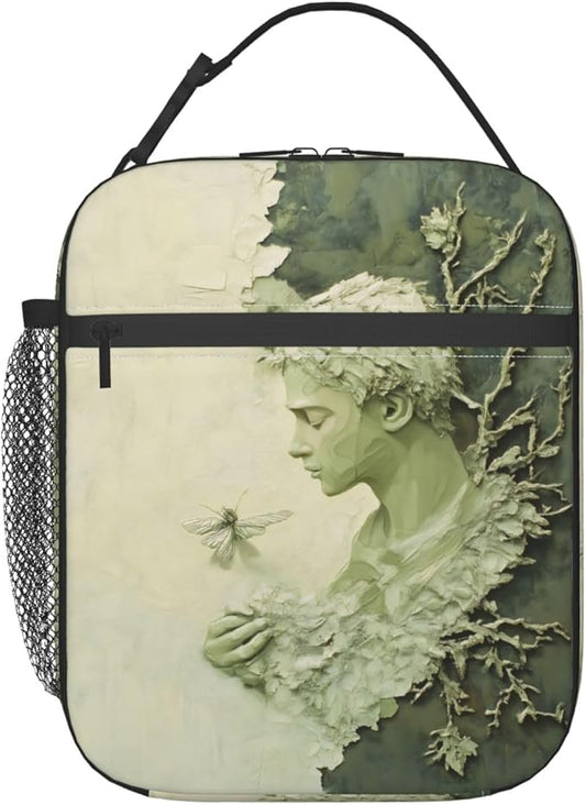 Artistic Men Sage Green Background Insulated Lunch Box for Women and Nature Lovers Oil Painting Style Branch and Leaf Lunch Bag for Travel,or Fishing Polyester Lunch Box