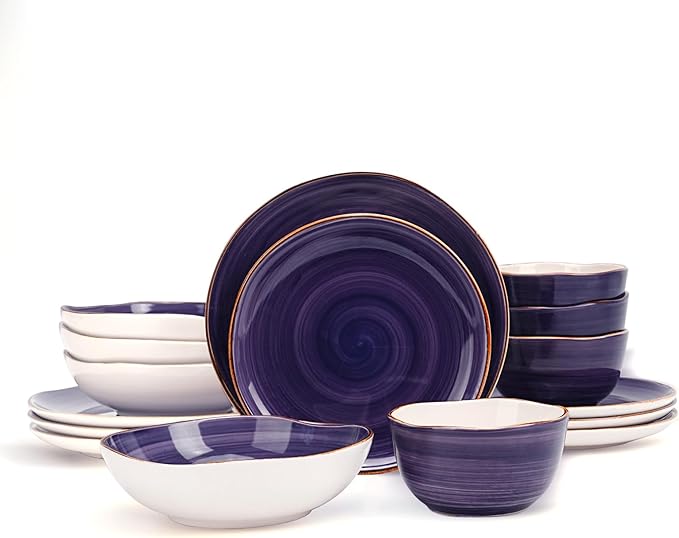 Highland 16-Piece Dinnerware Set Service for 4, Organic Shape Stoneware Plates and Bowls Set, Scratch Resistant, Microwave and Dishwasher Safe, Speckled Effect Handcrafted, Swirl Purple