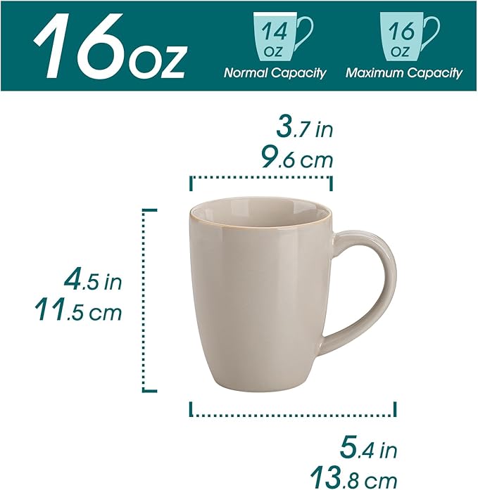 vancasso PLAYA Ceramic Coffee Mug Set of 6, 16 Oz Tea Cups with Handle for Latte, Tea, Cappuccino, Milk, Cocoa, Microwave&Dishwasher Safe, White