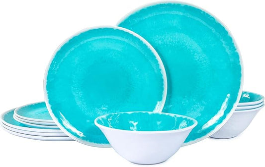 Melamine Dinnerware Sets 12 Pcs, Melamine Plates and Bowls,Party Plates and Bowls Sets, Camping Dishes Set for 4, Unbreakable, BPA Free, Dishwasher Safe （Lake Green）