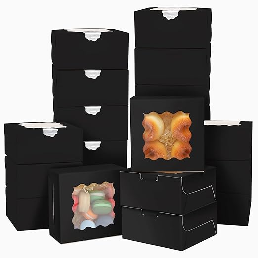 Bakepacker 100pcs Black Bakery Boxes with Window 6x6x3 inches Thick & Sturdy Macaroon Pastry Boxes Cookie Boxes for Bakerys