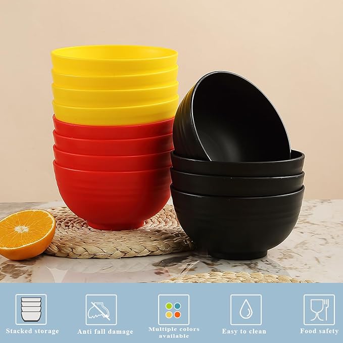 Berglander Plastic Bowls Set of 12 Pieces 25oz, DE Color Reusable and Sturdy Ramen Bowl, Soup Bowls, Cereal Bowl for Adult, Kids, Home, Restaurant, Garden, Picnic, Camping, Poolside, Outdoor