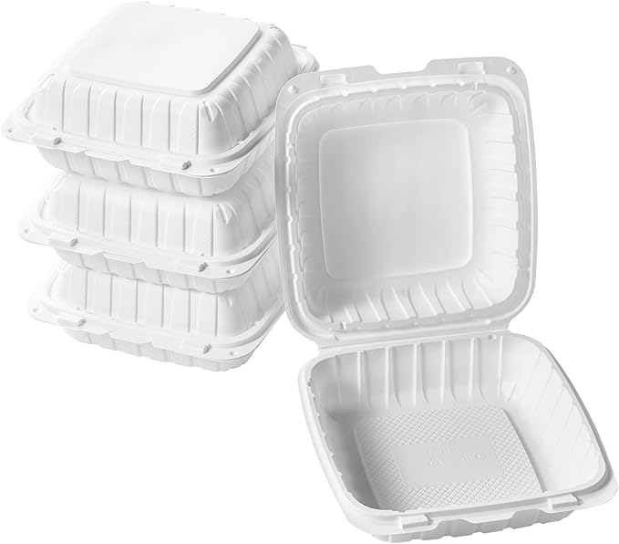 CIAO! 8"x8"X3" MFPP White Hinged Container With Lid 1 Compartment (Case of 200)