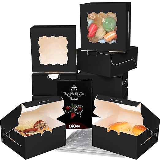 Bakepacker 100pcs Black Bakery Boxes with Window 6x6x3 inches Thick & Sturdy Macaroon Pastry Boxes Cookie Boxes for Bakerys