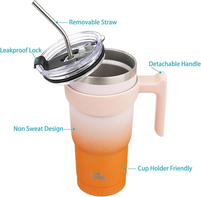 20 oz Tumbler with Handle and 2 Straw 2 Lid, Insulated Water Bottle Stainless Steel Vacuum Cup Reusable Travel Mug,Coral