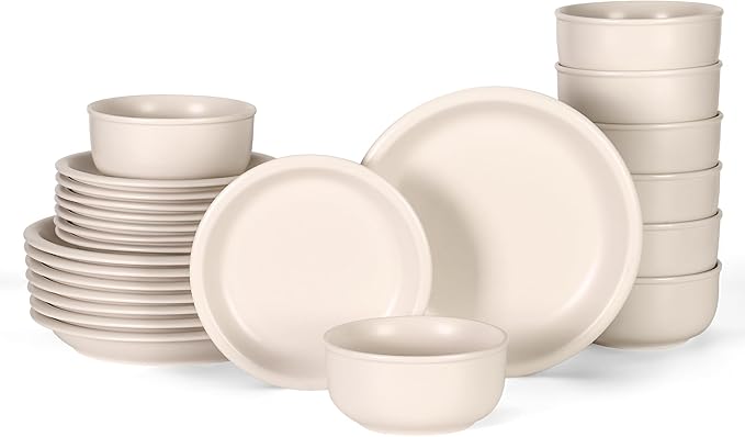 GZG Vintage Series - Ceramic Dinnerware Set for 8, 24 Pieces Stoneware Plates and Bowls Set, Lead-Free, Handcrafted Dishes Set, Microwave & Dishwasher Safe - Cream White