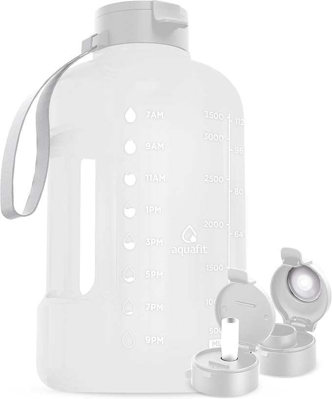 AQUAFIT 1 Gallon Water Bottle with Time Marker - Straw & Chug Lid - BPA Free Gym Water Bottle with Straw - Big Gallon Jug (Frosty, 128 oz - 2 Lids)