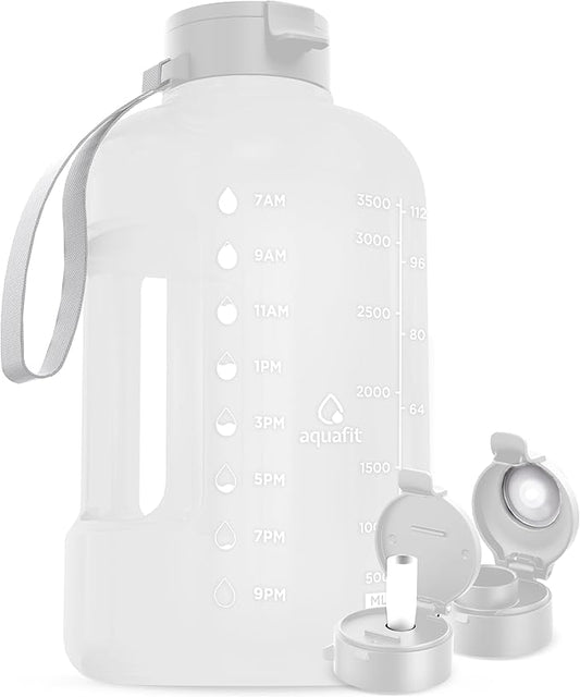 AQUAFIT 1 Gallon Water Bottle with Time Marker - Straw & Chug Lid - BPA Free Gym Water Bottle with Straw - Big Gallon Jug (Frosty, 128 oz - 2 Lids)