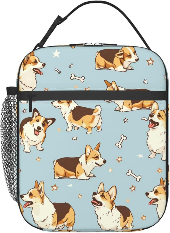 Reusable Corgi Lunch Box for Kids Girls Boys Women Adult, Insulated Cute Bone Lunch Bag,Polyester Cooler Dog Handbags Case for School Picnic Work Travel Beach or Hiking (Light Blue)