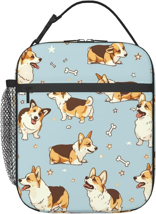 Reusable Corgi Lunch Box for Kids Girls Boys Women Adult, Insulated Cute Bone Lunch Bag,Polyester Cooler Dog Handbags Case for School Picnic Work Travel Beach or Hiking (Light Blue)