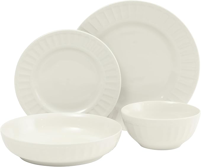 Gibson Home Melbourne White Plates and Bowls Set, 16 Piece Embossed Ceramic Dinnerware Set - Service for 4 Dishes - With Pasta Bowl
