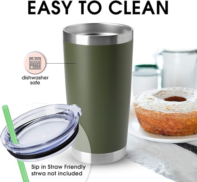 HASLE OUTFITTERS 20oz Tumblers Bulk Stainless Steel Cup with Lid Double Wall Vacuum Insulated Coffee Mug for Cold & Hot Drinks 8 Pack, Army Green