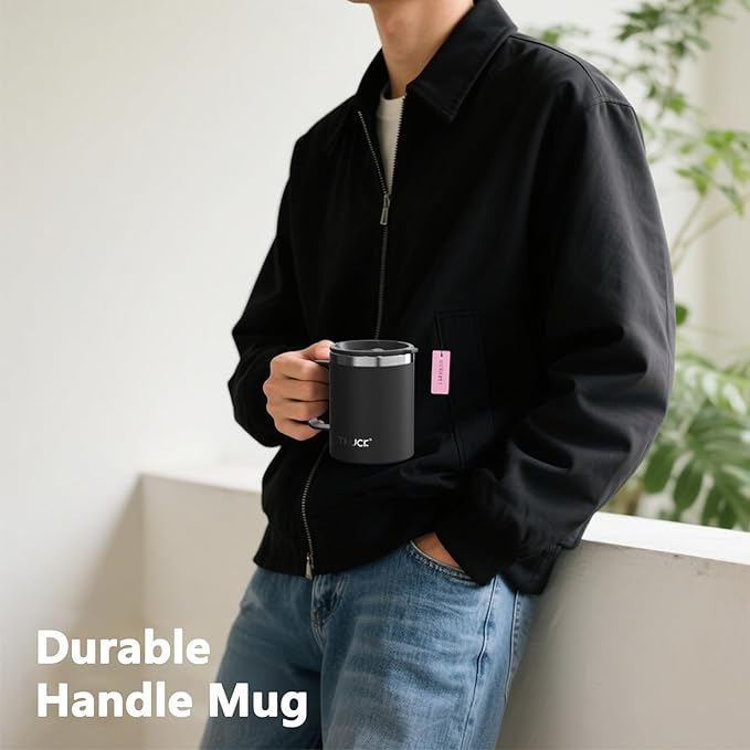 TILUCK 12 oz Insulated Coffee Mug with Lid, Leak-Proof Stainless Steel Travel Mug Cup with Handle for Hot or Cold Drinks(MidnightBlack, 12oz)