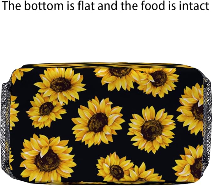Sunflower Black Background Lunch Bag for Women Men Cute Large Capacity Thermal Lunch Tote Reusable Washable with Adjustable Shoulder Strap and Dual Large Mesh Side Pockets