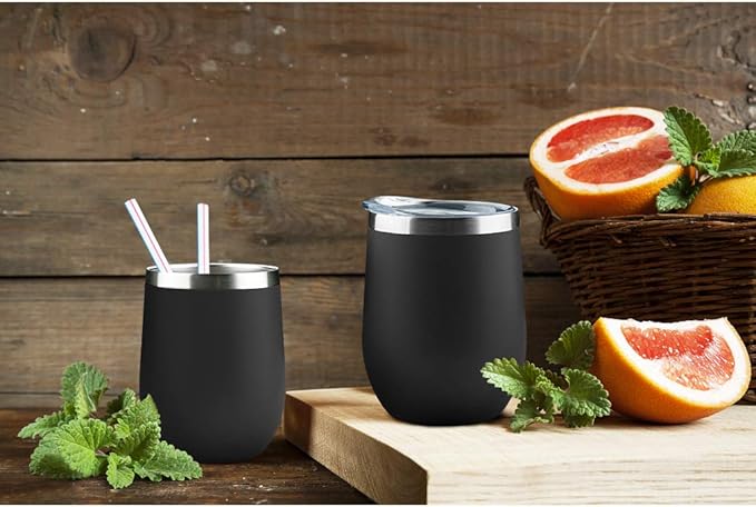 MEWAY Stemless 12oz Wine Tumbler Glasses with Lid -Insulated Double Wall Vacuum Stainless Steel Travel Tumbler with Straw,for Woman Under 10 dollars(Black,1)