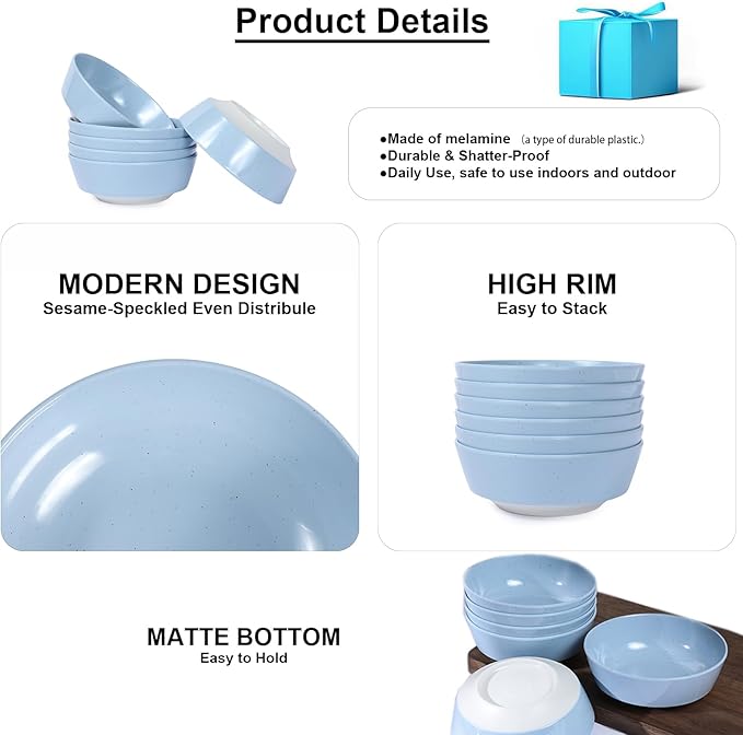 Webbylee 6-inch Melamine Bowls set of 6-20-ounce Dinnerware Cereal Bowls for Soup, Salad & Dessert | Dishwasher Safe & Space Saving(Blue/Beige)