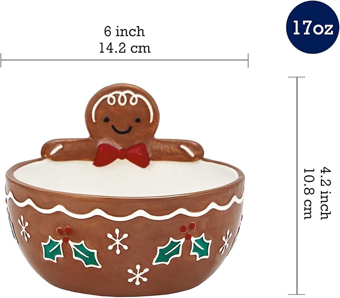 Bico Gingerbread Man Stoneware Hand Painted 17oz Candy Bowl, for treats, jam, sauce, snacks, Microwave and Dishwasher Safe