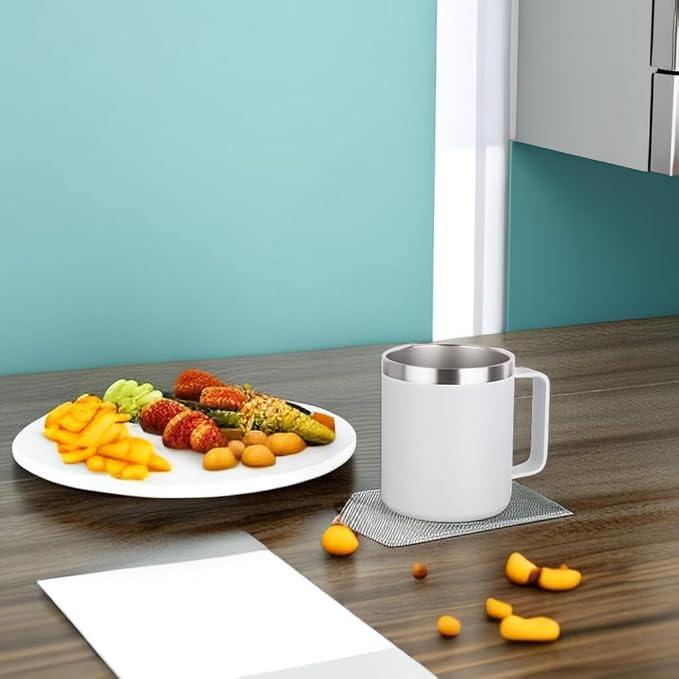 Volhoply 14oz Insulated Stainless Steel Coffee Mug with Leakproof Lid,Double Wall Vacuum Travel Coffee Cup with Handle,Reusable Metal Cups Tumbler,Camping Mugs Keep Hot/Cold,Ideal Gifts(White,1)