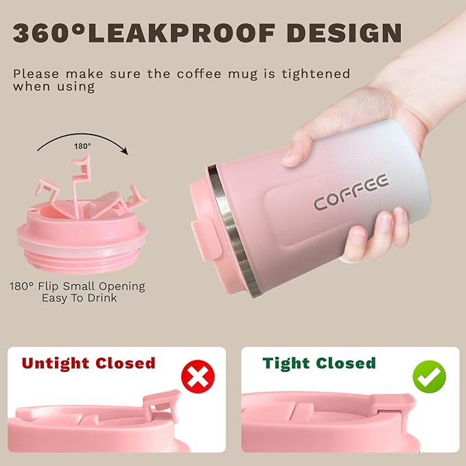 Travel coffee mugs leak-proof, reusable coffee cups with lids, stainless steel vacuum thermos coffee tumblers,thermal insulation cups for men and women hot & cold drinks(2nd-Pink White, 17OZ)