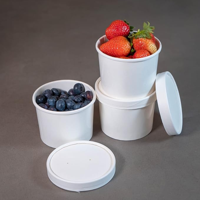 250 Sets White Paper Food Containers With Vented Lids, To Go Hot Soup Bowls, Disposable Ice Cream Cups (12oz)