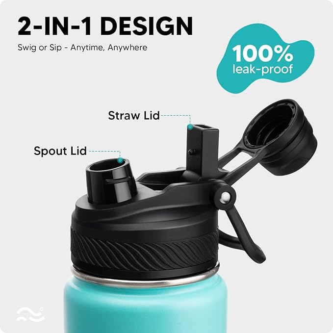 [2-IN-1 LID] Insulated Water Bottle with Silicone Boot (36hrs Cold/18hrs Hot) - DIY Stickers, Leakproof, BPA Free, 40 oz