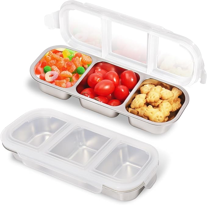 Stainless Steel Snack Containers with Lids, 2 Pack Grab and Go Metal Snack Containers, 3 Compartment Reusable Stainless Steel Snack Box for Food Lunch Meal Prep (3 Compartment 2 PCS)