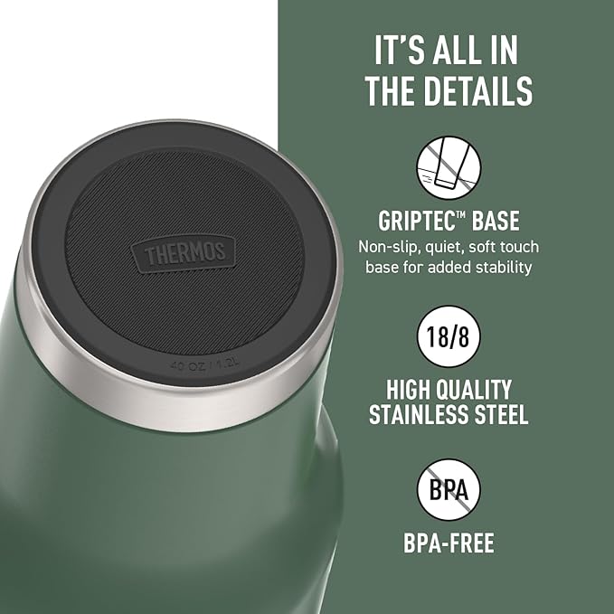 THERMOS Stainless Steel Cup Holder Mug - 40 Ounce, Alpine Green - Insulated Tumbler with Lid and Straw, Plus Leak-Resistant Slide Lock