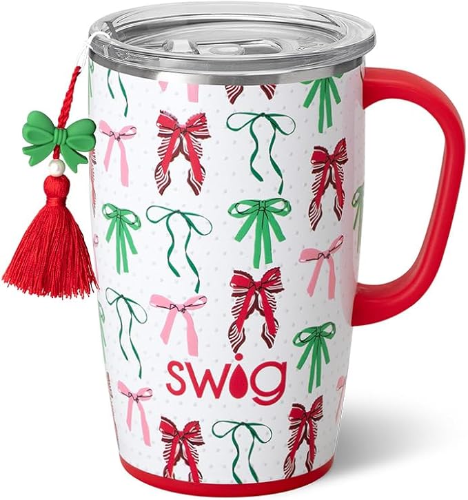 Swig Life 18oz Travel Mug, Insulated Tumbler with Handle and Lid, Cup Holder Friendly, Dishwasher Safe, Stainless Steel, Travel Coffee Cup (Ribbons and Bows)