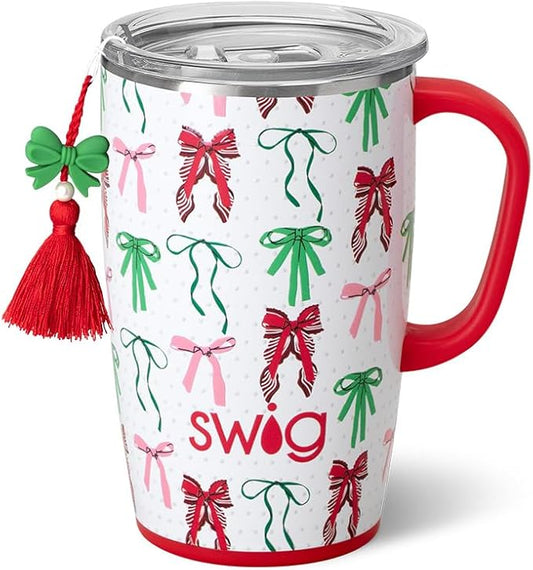 Swig Life 18oz Travel Mug, Insulated Tumbler with Handle and Lid, Cup Holder Friendly, Dishwasher Safe, Stainless Steel, Travel Coffee Cup (Ribbons and Bows)