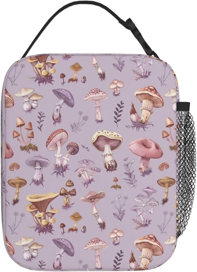 SUPLUCHOM Lunch Bag Mushrooms Vintage Botanical Insulated Box Reusable with Side Pocket for Girl Boy Women Men Work School Picnic Hiking Daytrip Over 3 Years Old