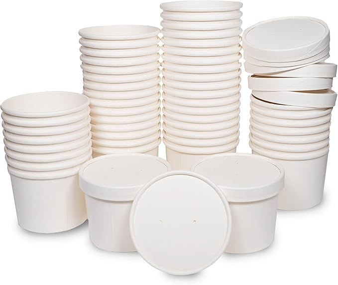 250 Sets White Paper Food Containers With Vented Lids, To Go Hot Soup Bowls, Disposable Ice Cream Cups (8oz)