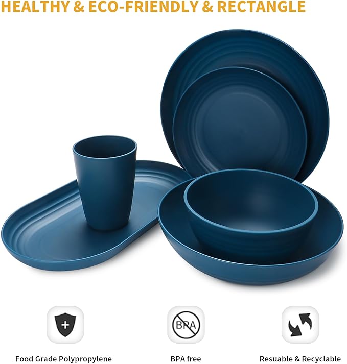 Lazycorner 48-Pcs Kitchen Wheat Straw Dinnerware Set, Service for 8, Plastic Reuasble Dinner Dishes Serving Plate Set for Kitchen, Including Dinner Plate, Dessert Plate, Bowl, Cup(Multicolor)