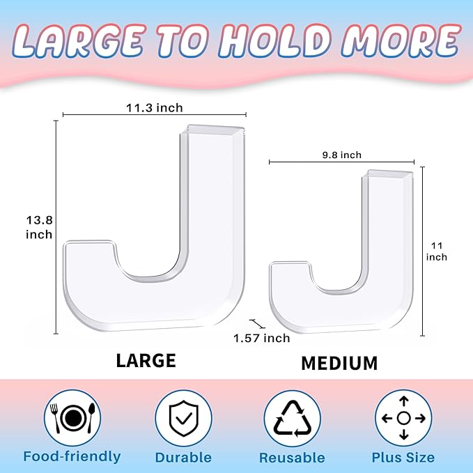 13.8" Extra Large Acrylic Letter Charcuterie Board Box, Reusable Fillable Letter Cake Candy Dish Display Serving Tray for Birthday Anniversary Party Decoration (J)