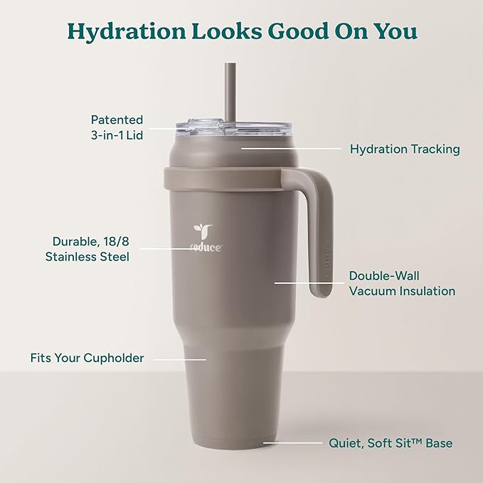 REDUCE 50 oz Stainless Steel Tumbler with Handle - Dual-Wall Vacuum Insulated Travel Mug, Sweat-Proof Lid & Reusable Straw - Keeps Drinks Cold for 24 Hrs, Fits Cupholders, Dishwasher Safe - Mocha