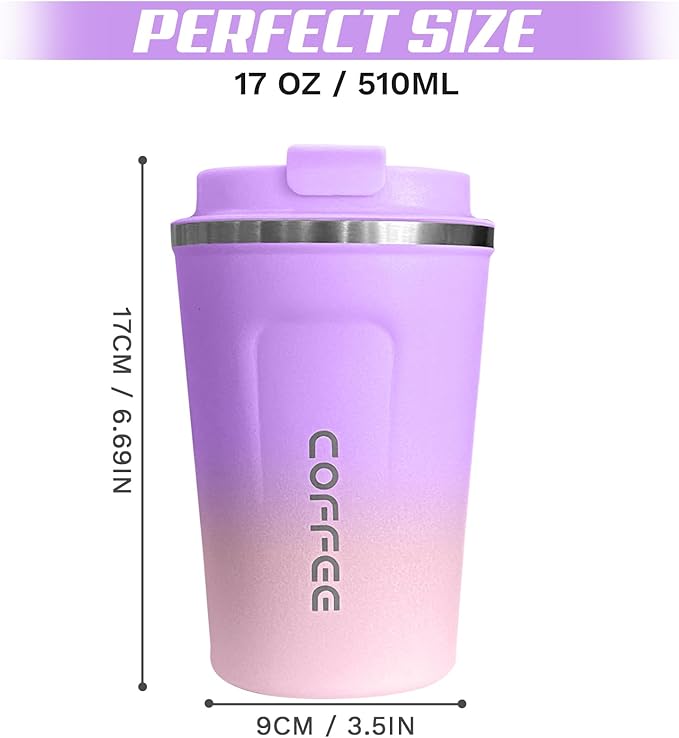 Stainless Steel Vacuum Insulated Travel Mugs - Leak-Proof Reusable Coffee Tumblers with Lids, Thermal Insulation for Hot & Cold Drinks (17oz, Purple Pink)