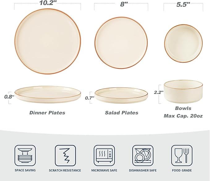 Famiware Nebula Plates and Bowls Sets for 4, 12 Pieces Stoneware Dinnerware Set, Microwave and Dishwasher Safe Dishes Set, Vanilla White with Brown Rim