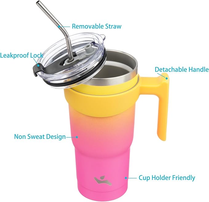 20 oz Tumbler with Handle and 2 Straw 2 Lid, Insulated Water Bottle Stainless Steel Vacuum Cup Reusable Travel Mug,Rainbow